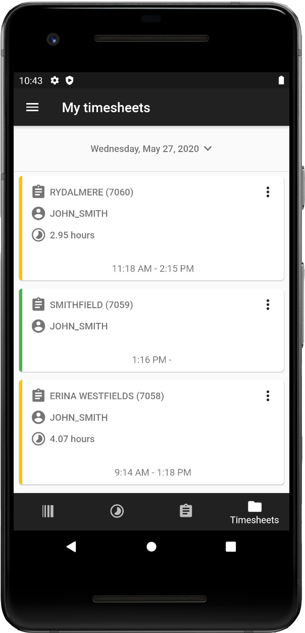 Employee timesheets displayed on timescan mobile app